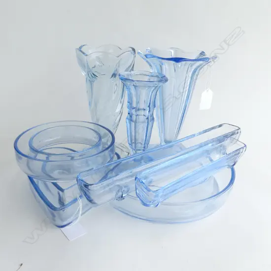 BLUE DEPRESSION GLASS; 5 TROUGH VASES INCL HEART & HORSESHOE SHAPES + 3 TALL VASES LARGEST H 195M