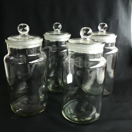 4 LARGE VINTAGE GLASS LIDDED CANDY JARS H.280mm