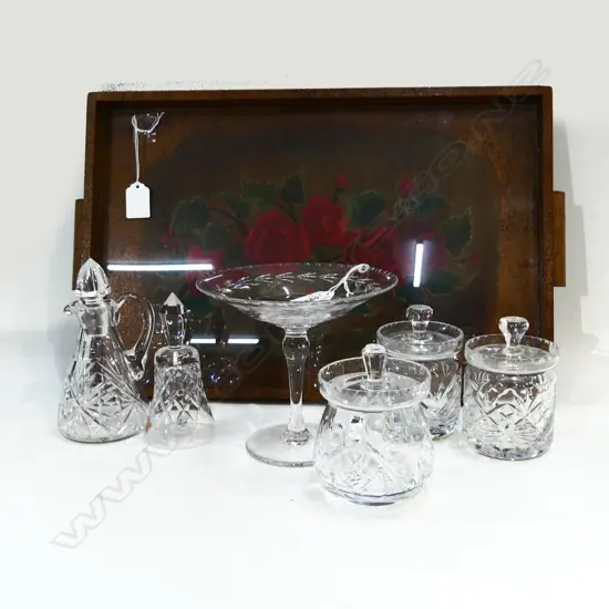 WOODEN GLASS TOPPED TRAY OF CRYSTAL; FOOTED DISH (DIA 160MM) 3 LIDDED JAM POTS, OIL BOTTLE & BELL
