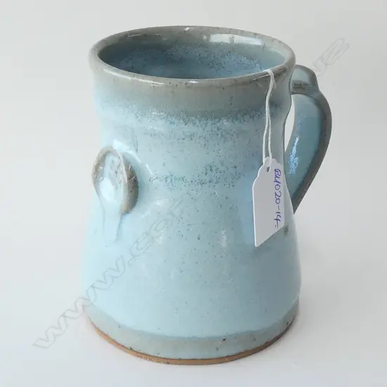 PETER STICHBURY PALE BLUE GLAZE MUG IMPRESSED MOTIF
