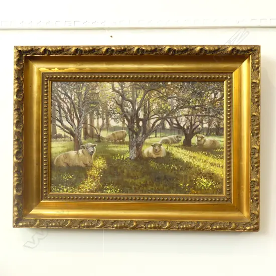 GRAHAM BRADDOCK SHEEP SCENE OIL ON BOARD, SIGNED, 355 X 230MM  GILT FRAME
