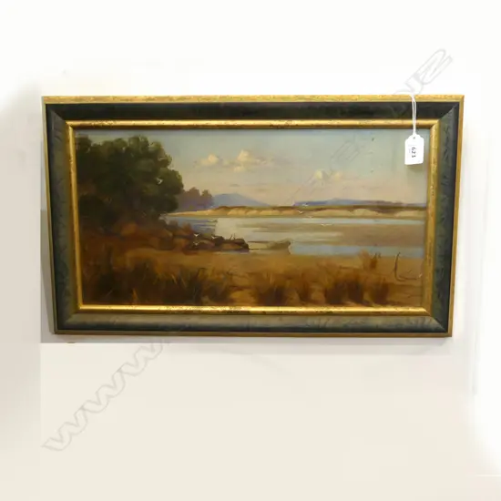 ANTIQUE OIL PAINTING - RANGITOTO? BEACH SCENE 230 x 440mm