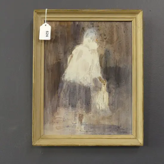 MARY HAYWARD 'OLD LADY WITH A PACKET OF FISH' THINNED OIL ON BOARD 245x190mm