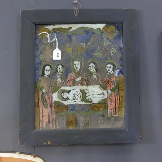 EASTERN EUROPEAN REVERSE GLASS PAINTED RELIGIOUS SCENE 340x290mm