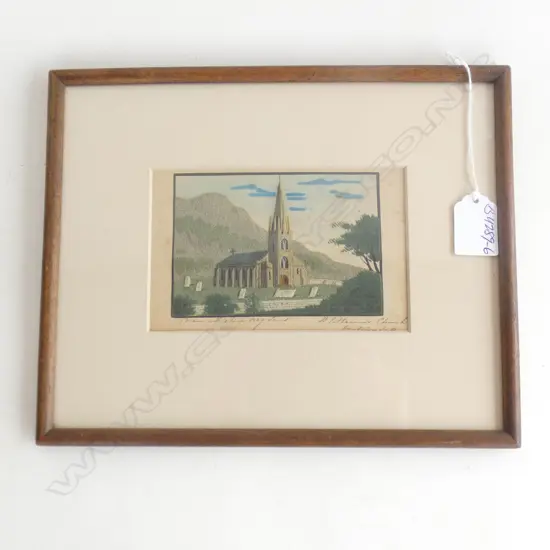 19thC SAND PICTURE MADE BY HAND OF A CHURCH. INSCRIBED. 95 X 145mm