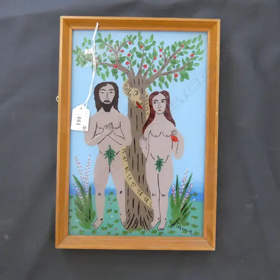 KOZMA JANOS ADAM & EVE REVERSE PAINTED GLASS 290x190mm