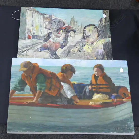 2 G FINCH OIL ON CANVAS - DOGS & BOAT SIGNED LARGEST 915 X 580MM