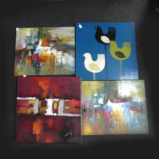 4 UNFRAMED SIGNED ABSTARCT ACYLIC ARTWORKS; BIRDS 600x600 ETC