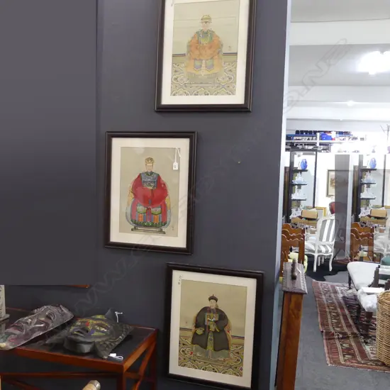 3 CHINESE ANCESTOR PORTRAIT PAINTINGS, FRAMED 425 x 300mm (image)
