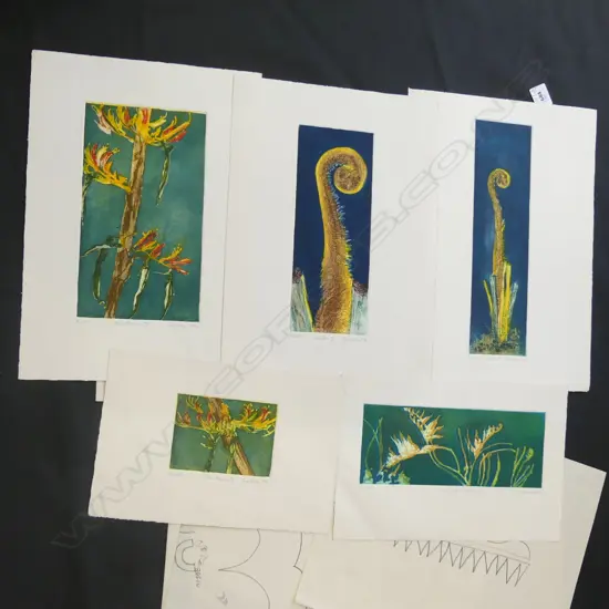 5 SUE COOKE PRINTS; 'FLAX FLOWERS I' & 'II', 'GROWTH I' & 'II', 'HURUHURU WHENUA' 100x245mm ALL SIGNED, NUM & DATED 1992
