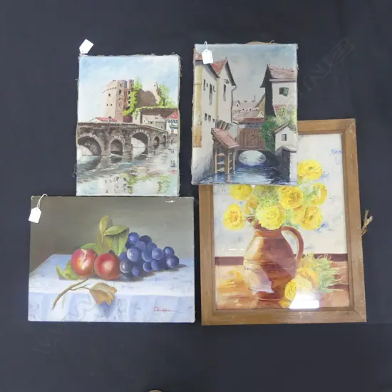 4 ARTWORKS; 3x OILS + SIGNED W/C STILL LIFE 415x315mm