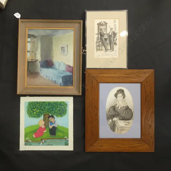 4 ARTWORKS; ERIKA DELAMAR LOVERS 230x230mm, PRINT 'ON SAFER GROUND', THOMAS COOMBER 'INTERIOR' OIL, ANTIQUE PORTRAIT