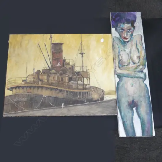 2 OIL ON CANVAS - NUDE LADY & SHIP - BOTH UNSIGNED LARGEST 1000 X 800MM