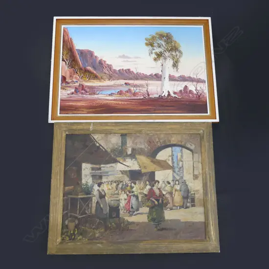 2 FRAMED OILS ON BOARD; 1 AUSTRALIAN BUSH SCENE & 1 VINTAGE MARKET SCENE - BOTH SIGNED LARGEST 1000 X 710MM