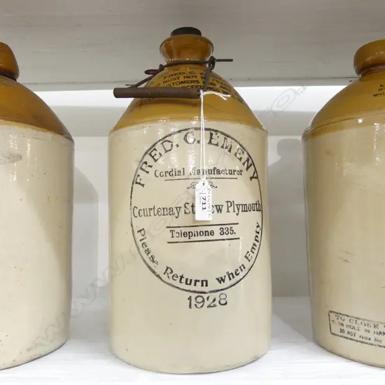 OLD STONE CROCK 'FRED. C. EMENY CORDIAL MANUFACTURER NEW PLYMOUTH' H.350mm