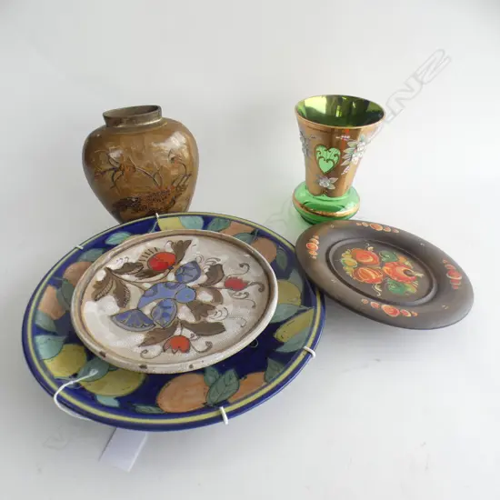VENETIAN GREEN & GOLD VASE (H 140MM) GERMAN ENAMEL VASE (H155MM) 2 POTTERY PLATES + GERMAN WOODEN PLATE