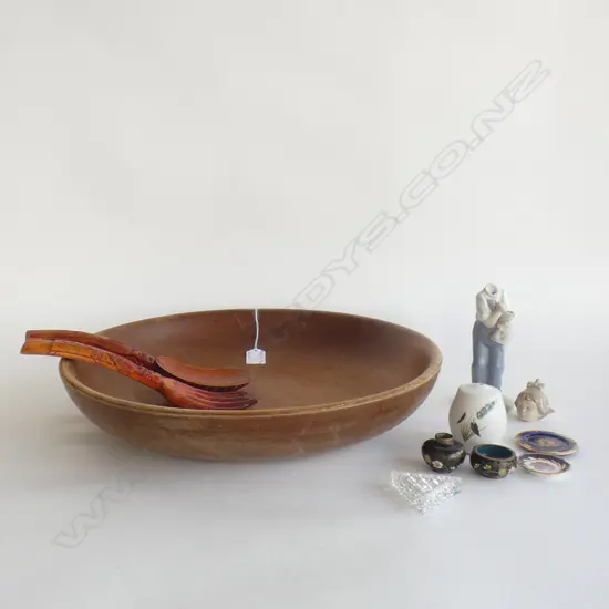 LARGE WOODEN BOWL 425mm dia + PR SERVING SPOONS + ASST. CHINA, NAO FIGURINE AF