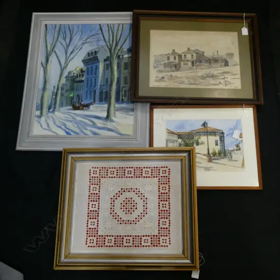 FRAMED LACE/OIL OF WINTER SCENE/W/C OF HOUSES/ PEN & INK OF PONSONBY HOUSES