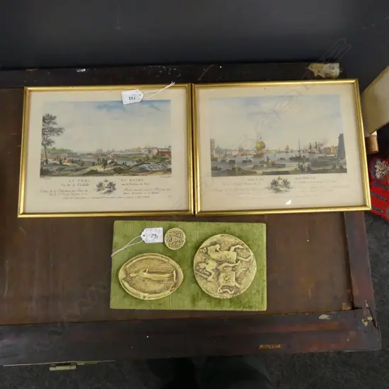 2 VINTAGE FRENCH PORT PRINTS (225 X 180MM) + VELVET BACKED BOARD WITH 3 FRENCH REPLICA MEDALS INCL LOUIS XIV 