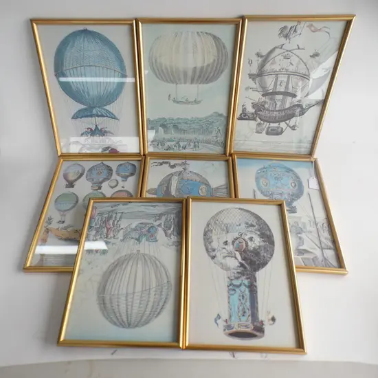SET 8 PLAIN GILT FRAMED FRENCH VINTAGE HOT AIR BALLOON PRINTS 200 X 290MM