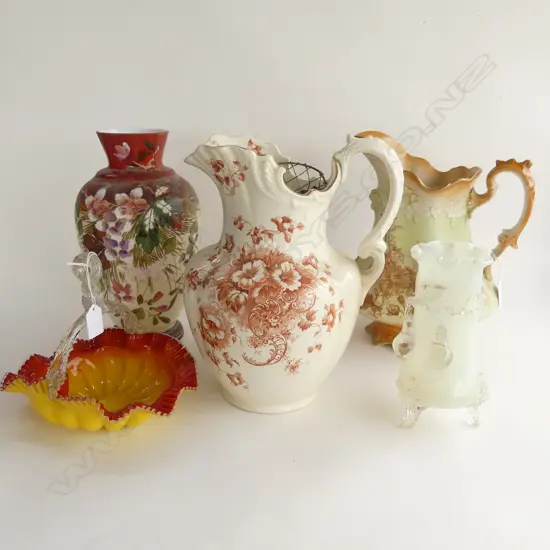 3 PCES VICTORIAN GLASS; YELLOW FRILLED BASKET + 2 VASES 205 / 305mm + 2 LARGE JUGS