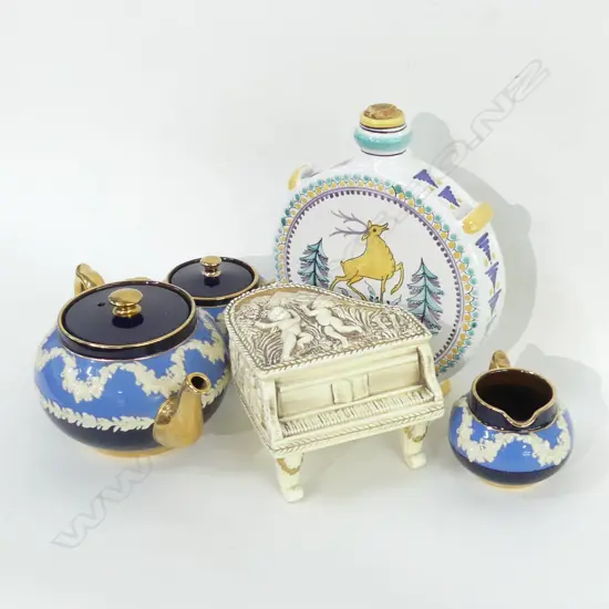 GIBBONS TEAPOT/CREAMER/SUGAR + PIANO JEWELLERY BOX + DECORATIVE BOTTLE-  TEAPOT LID A.F