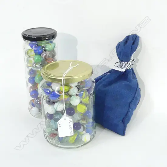 OLD MARBLES;2 JARS & CLOTH BAG 