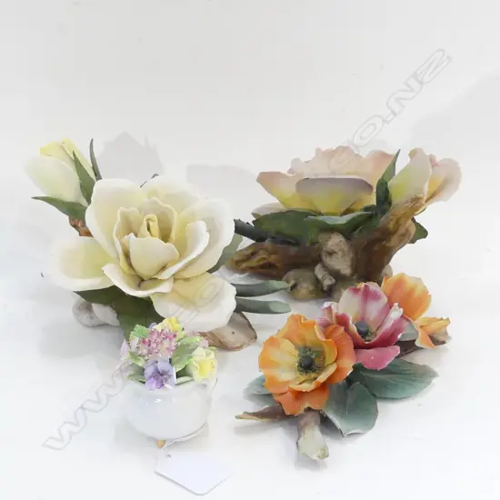 3 CAPODIMONTE PORCELAIN FLOWERS (LARGEST L 165MM) SOME A/F + ADDERLEY PORCELAIN FLOWERS (A/F)