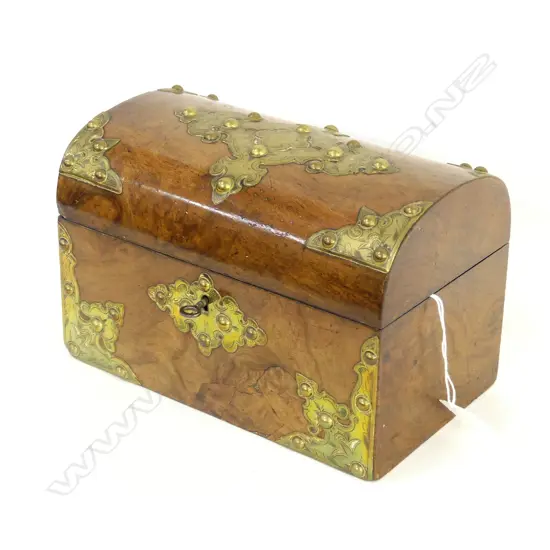 VINTAGE WALNUT 2 SECTION TEA CADDY - BRASS CORNERS & LOCK - WITH KEY - L  210MM