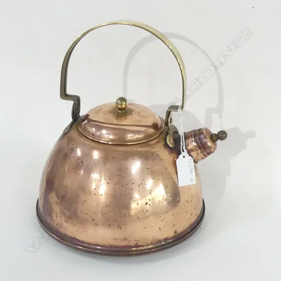 OLD COPPER WHISTLING KETTLE - BRASS SWING HANDLE DIA 205MM