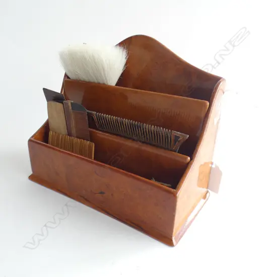 MOROCCAN THUYA BURR LETTER RACK + ASST. ORIENTAL BRUSHES