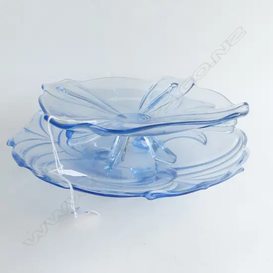 2 LARGE ART DECO BLUE DEPRESSION GLASS DISHES; 1 FOOTED PLATE (SQ 240MM) & 1 SHALLOW BOWL (DIA 315MM)