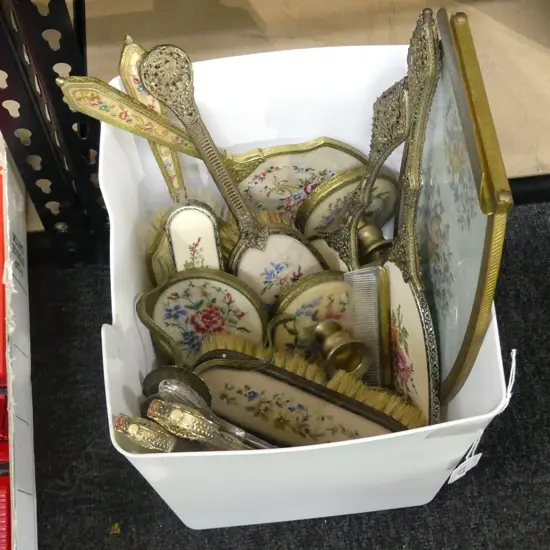 BOX LOT ASST. VANITY SETS; BRUSHES, MIRRORS ETC