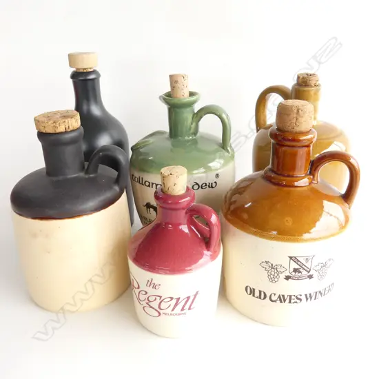 BOX LOT 6 CERAMIC BOTTLES