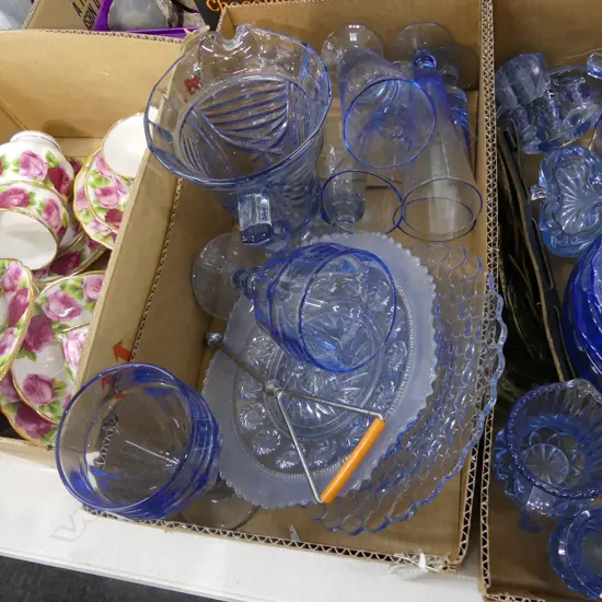 BOX LOT ASST BLUE GLASS INCL DEPRESSION GLASS; LG GOBLETS, JUG, PLATES ETC..