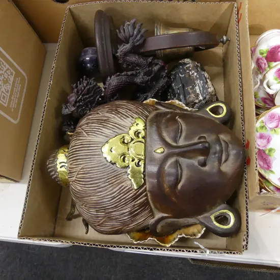 BOX MISC INCL DRAGON, ORIENTAL WALL MASK, BELL,, ETC..