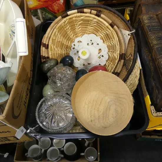 BOX LOT ASST. CRYSTAL, WOVEN PCES, DECORATIVE EGGS, MALACHITE GLASS CONTAINER ETC