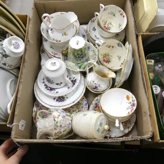 BOX LOT PART TEA SET, ROYAL CROWN DERBY, BELLEEK ETC