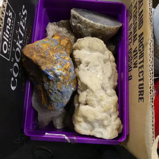 CONTAINER OF UNPOLISHED STONES / CRYSTALS ETC..