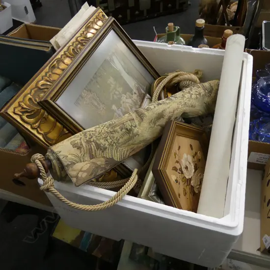 BOX LOT ARTWORKS, TAPESTRY ETC