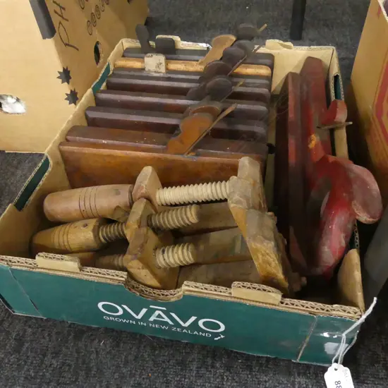 BOX LOT ASST. MOULDING PLANES & WOODEN CLAMPS (SOME w. BORER)