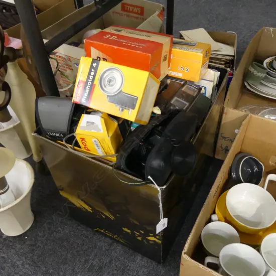 BOX LOT BOOKS, WHISTLING KETTLE, CAMERAS, ETC