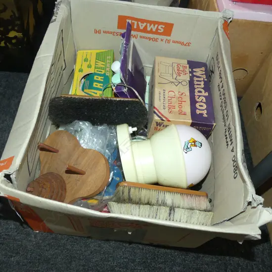 BOX LOT ASST. VINTAGE TOYS; CHALK, LAMP, BRUSHES ETC