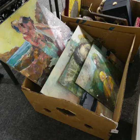 BOX ASST OILS ON BOARD - SOME SIGNED G FINCH