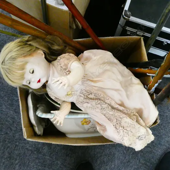 BOX LOT VICTORIAN WASH BOWLS, HEAD MANNEQUIN, HATS, WALKING STICKS