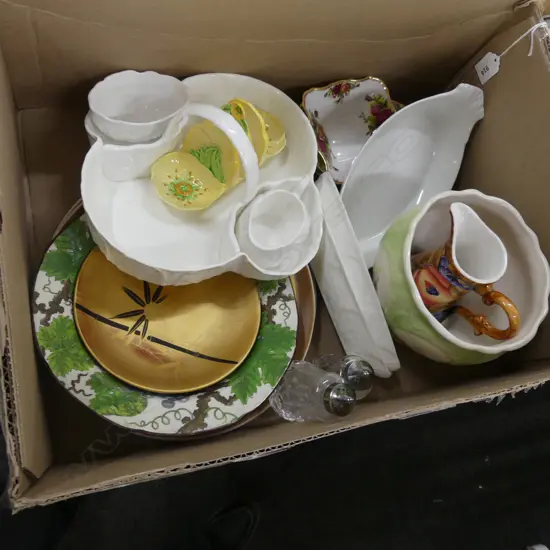 BOX ASST CHINA INCL WEDGWOOD SERVING DISH WITH SUGAR & CREAMER, ROYAL ALBER OER ETC..