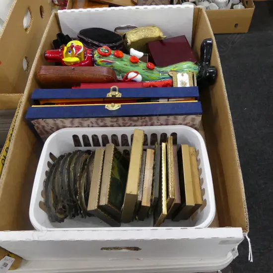 BOX LOT ASST. ARTWORKS, ART GLASS CLOWN, ORIENTAL STANDS ETC