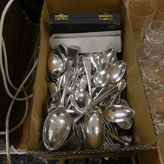 BOX LOT SILVER PLATE CUTLERY ETC