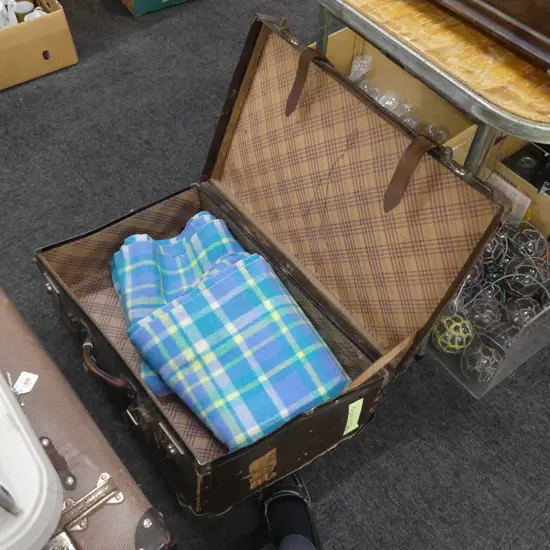 VINTAGE SUITCASE + PR BLUE CHECK WOOLLEN BLANKETS