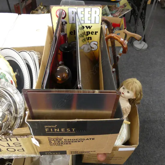 BOX LOT TIN BEER POSTERS, SKULL BOTTLES ETC